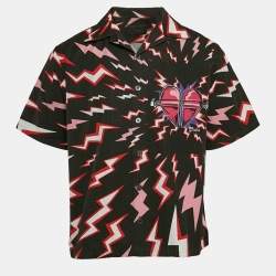 Prada Black Lightning Bolt Print Cotton Bowling Shirt M