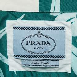Pre Owned Prada White/Green Floral Print Silk Double Match Bowling Shirt S