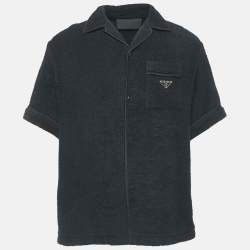 Prada Blue Terry Cotton Logo Detail Bowling Shirt L