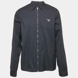 Prada navy Blue Logo Print Cotton Zip-Up Shirt L