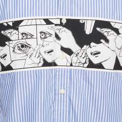Prada Blue Comic Print Striped Cotton Short Sleeve Shirt M