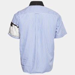 Prada Blue Comic Print Striped Cotton Short Sleeve Shirt M