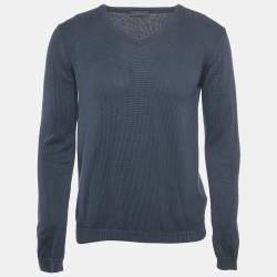 Prada Navy Blue Cotton V-Neck Jumper M 