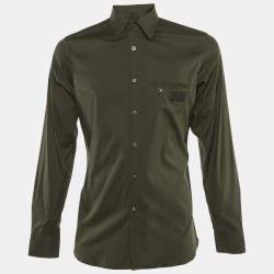 Pre Owned Prada Olive Green Cotton Blend Logo Detail Full Sleeve Shirt M
