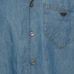 مملوكة مسبقًا Prada Blue Triangle Logo Detail Chambray Oversized Shirt M