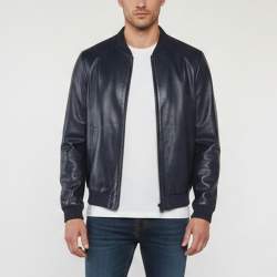 Pre Owned Prada Navy Blue Leather Reversible Zip Up Bomber Jacket L