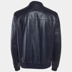 Pre Owned Prada Navy Blue Leather Reversible Zip Up Bomber Jacket L