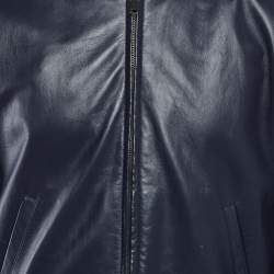 Pre Owned Prada Navy Blue Leather Reversible Zip Up Bomber Jacket L