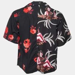 Pre Owned Prada Black Floral Print Cotton Logo Detail Bowling Shirt S