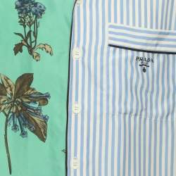 Pre Owned Prada Green/Blue Stripe Campanula Printed Poplin Double Match Split Bowling Shirt S