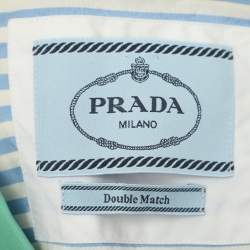 Pre Owned Prada Green/Blue Stripe Campanula Printed Poplin Double Match Split Bowling Shirt S