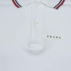 Pre Owned Prada White Cotton Pique Stripe Detail Polo T-Shirt L