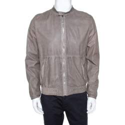 Prada Grey Leather Zip Front Bomber Jacket L