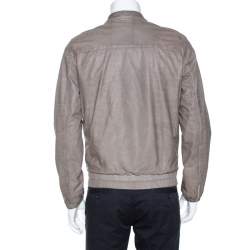Prada Grey Leather Zip Front Bomber Jacket L