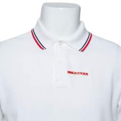 Pre Owned تي شيرت بولو برادا بيك مزين مخطط قطن أبيض مقاس كبير جداً جداً (اكس اكس لارج)