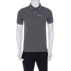 Prada Grey Cotton Pique Stripe Detail Polo T-Shirt S