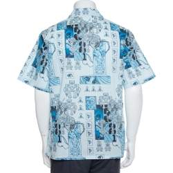 Pre Owned Prada Blue Robot Printed Cotton Bowling Shirt XL