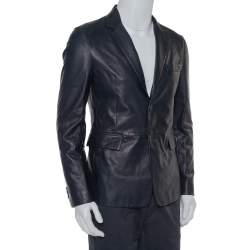  Prada Navy Blue Leather Single Breasted Jacket M