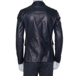  Prada Navy Blue Leather Single Breasted Jacket M