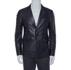  Prada Navy Blue Leather Single Breasted Jacket M