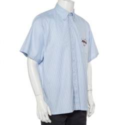 Pre Owned قميص برادا أكمام قصيرة مطبوع شعار لماركة قطن مقلم أزرق مقاس كبير جداً جداً (اكس اكس لارج)