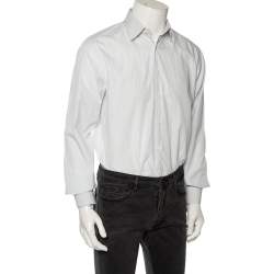 Pre Owned Prada White Striped Cotton Checkered Collar Detail Button Front Shirt M