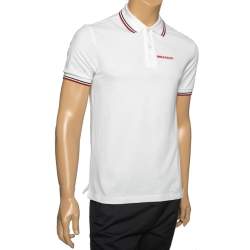 Pre Owned Prada White Cotton Pique Striped Trim Detail Polo T-Shirt M