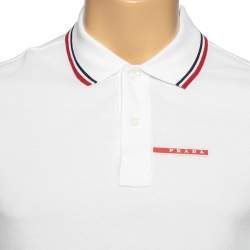 Pre Owned Prada White Cotton Pique Striped Trim Detail Polo T-Shirt M