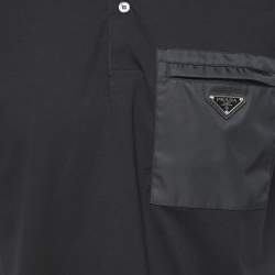Prada Black Stretch Cotton Nylon Detail Pocket Polo T-Shirt L
