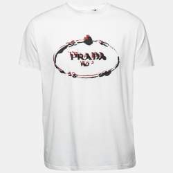 Prada White Cotton Logo Printed & Embroidered Crew Neck T-Shirt XL Prada