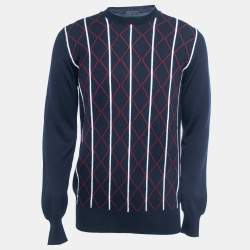 Pre Owned Prada Navy Blue Patterned Wool Crew Neck Pullover XXL