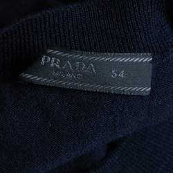 Pre Owned Prada Navy Blue Patterned Wool Crew Neck Pullover XXL