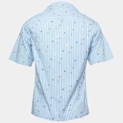 Pre Owned Prada Blue Polka Dot Striped Cotton Button Front Half Sleeve T-Shirt M