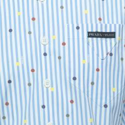 Pre Owned Prada Blue Polka Dot Striped Cotton Button Front Half Sleeve T-Shirt M