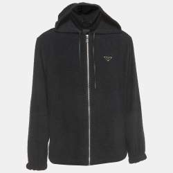 Prada Black Terry Cotton Logo Plaque Hooded Jacket L