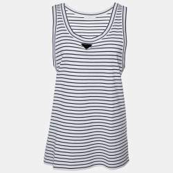 Pre Owned Prada White/Blue Striped Cotton Logo Detail Sleeveless T-Shirt XL