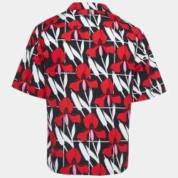 Prada Red/Black Floral Print Cotton Short Sleeve Shirt L