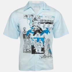 Prada Blue Comic Print Cotton Short Sleeve Shirt XS