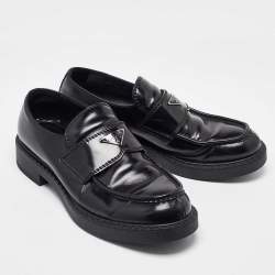 Prada Black Brushed Leather Slip On Loafers Size 44