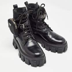 Prada Black Leather and Nylon Monolith Ankle Boots Size 39.5