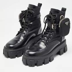 Prada Black Leather and Nylon Monolith Ankle Boots Size 39.5