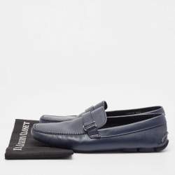 مملوكة مسبقًا Prada Navy Blue Leather Buckle Detailing Loafers Size 45.5