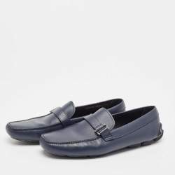 مملوكة مسبقًا Prada Navy Blue Leather Buckle Detailing Loafers Size 45.5