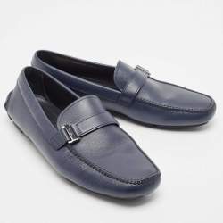 مملوكة مسبقًا Prada Navy Blue Leather Buckle Detailing Loafers Size 45.5