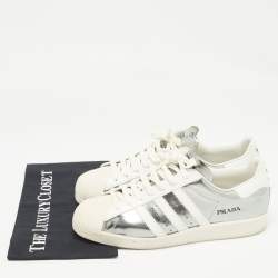 Pre Owned Prada x Adidas White/Silver Leather Superstar Sneakers Size 42 2/3