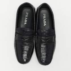 Prada Navy Blue Croc Embossed Leather Penny Loafers Size 41.5