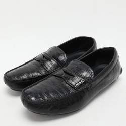 Prada Navy Blue Croc Embossed Leather Penny Loafers Size 41.5