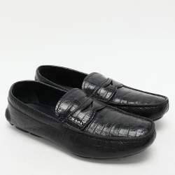 Prada Navy Blue Croc Embossed Leather Penny Loafers Size 41.5