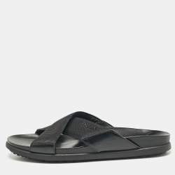 Prada Black Canvas and Leather Crisscross Flat Slides Size 40