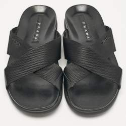 Prada Black Canvas and Leather Crisscross Flat Slides Size 40